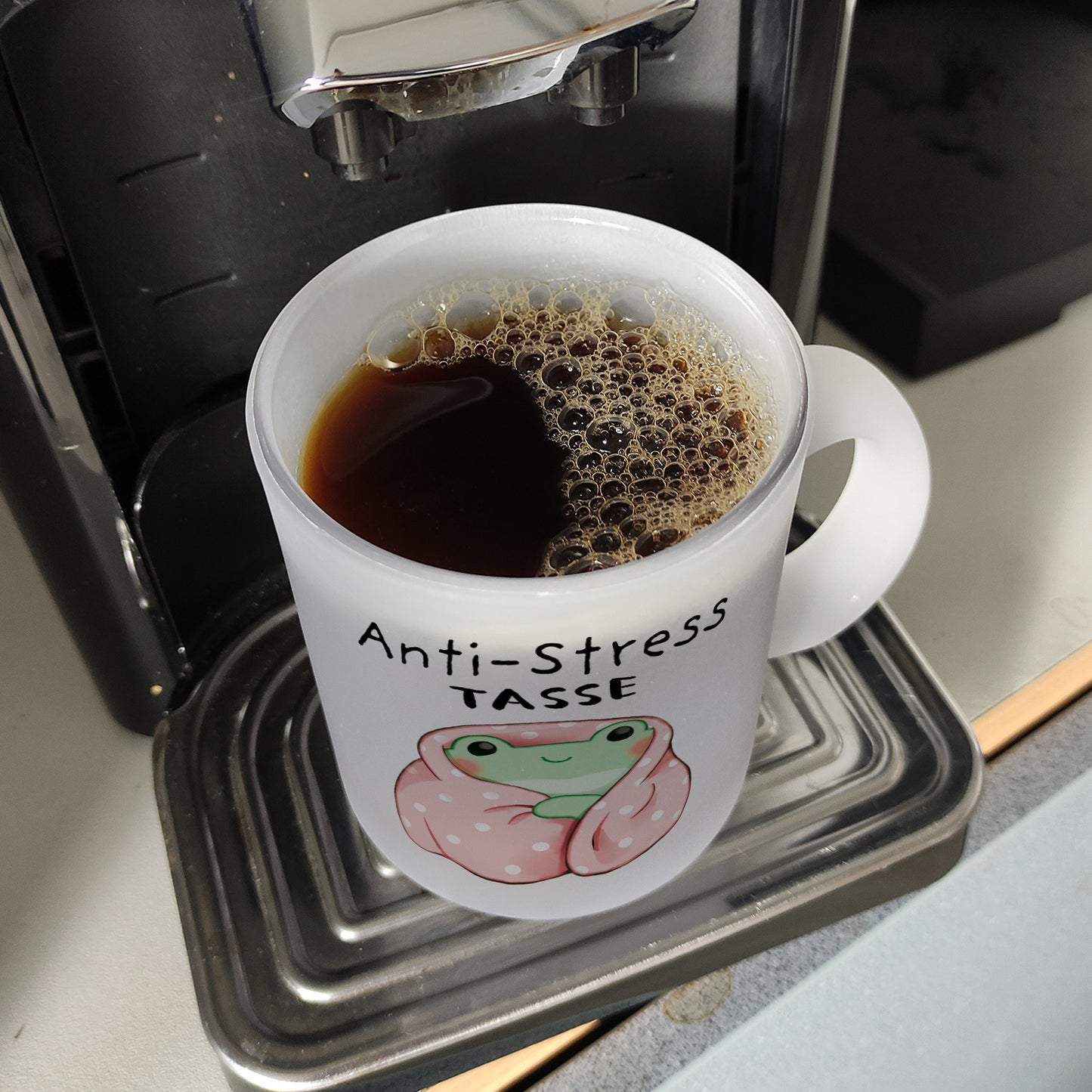 Frosch in rosa Decke mit Spruch Anti-Stress Tasse