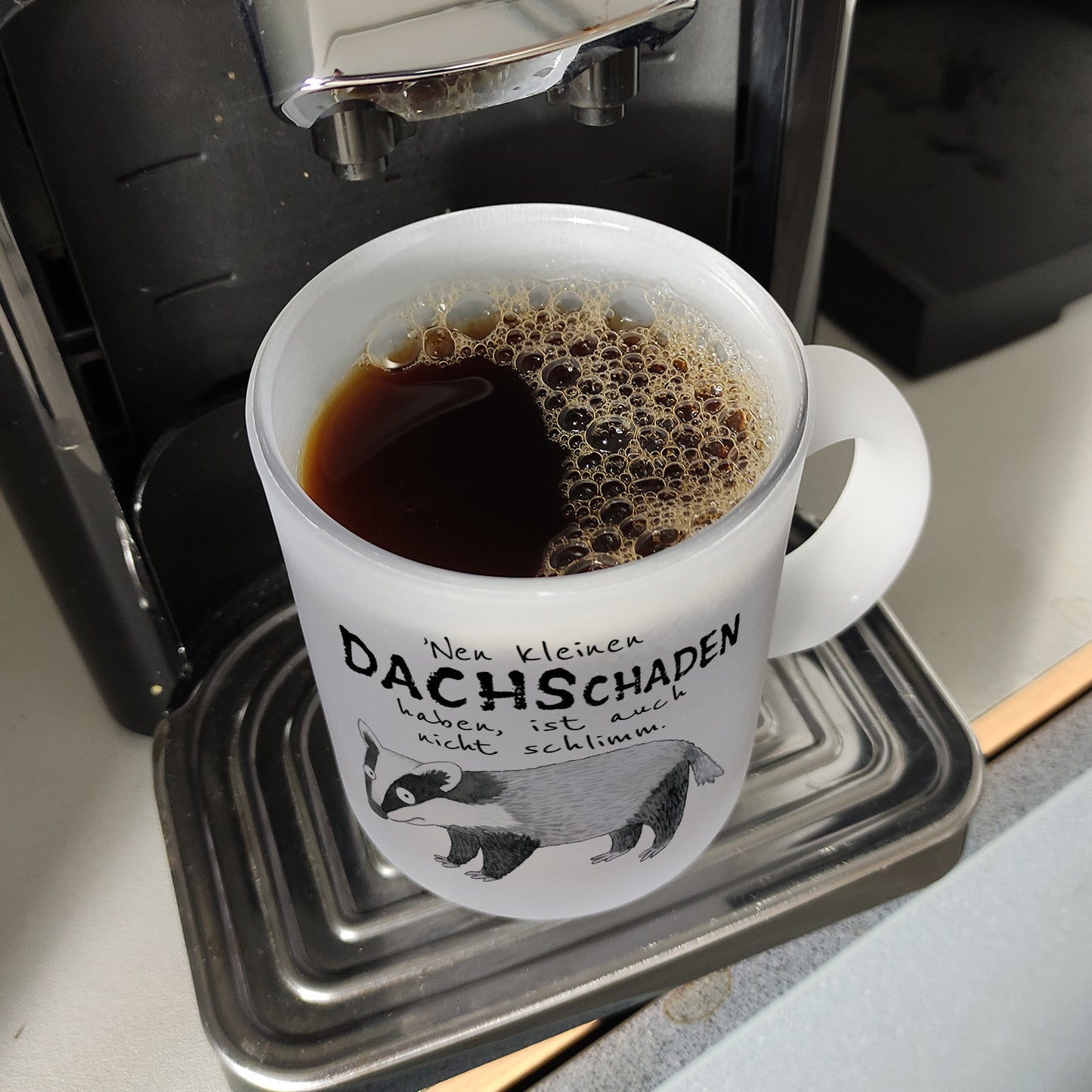 Dachs Glas Tasse mit Spruch Kleiner Dachschaden nicht schlimm