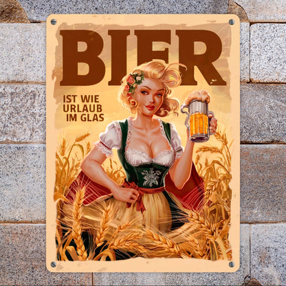 Frau im Dirndl - Bier ist wie Urlaub Metallschild XL in 21x28 cm