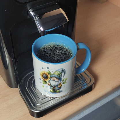 Gartenzwerg mit Sonnenblume Kaffeebecher in hellblau