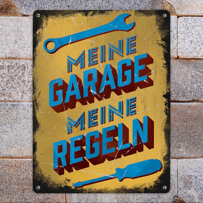 Meine Garage meine Regeln Metallschild XL in 21x28 cm im Used-Look