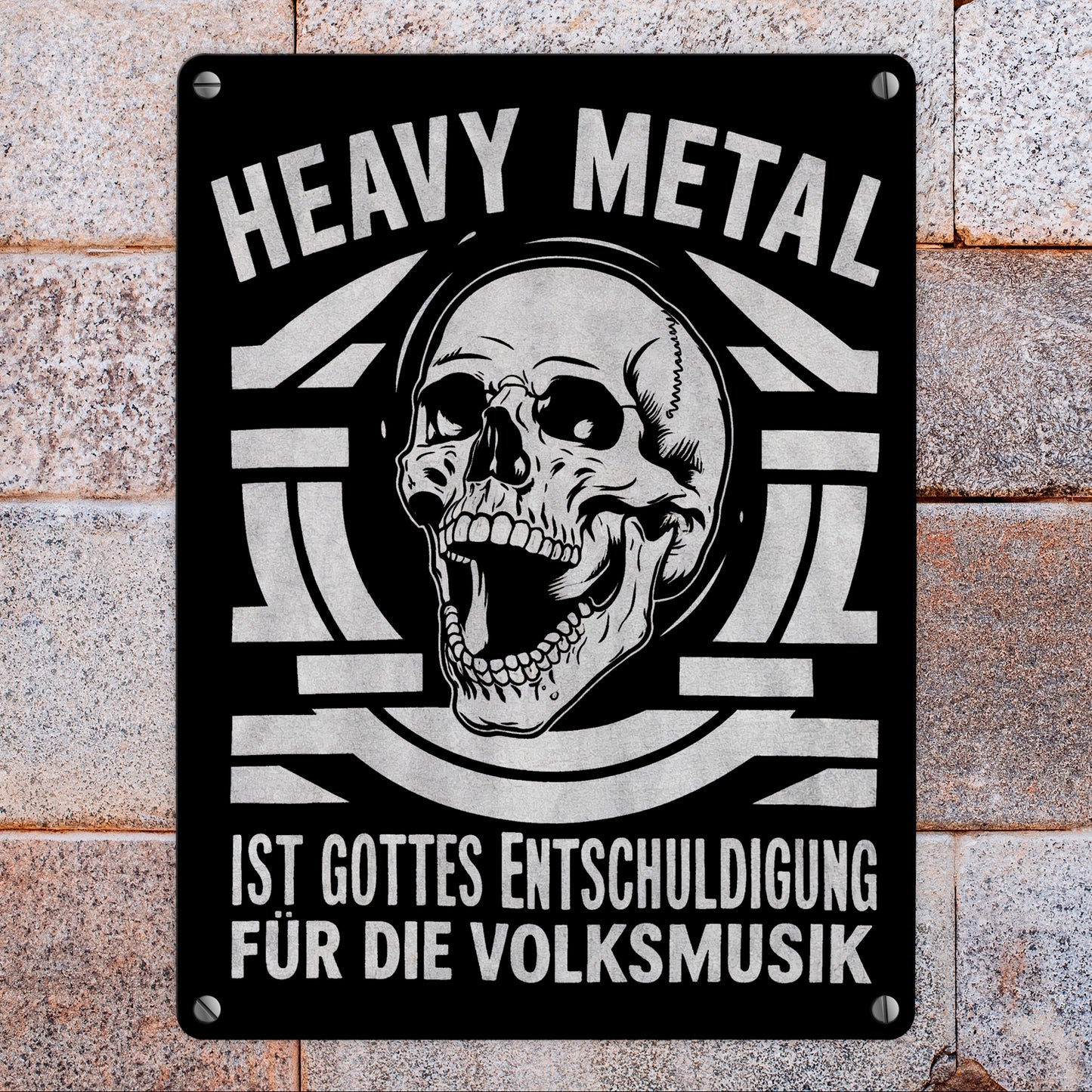 Heavy Metal statt Volksmusik Metallschild in 15x20 cm mit Totenkopf