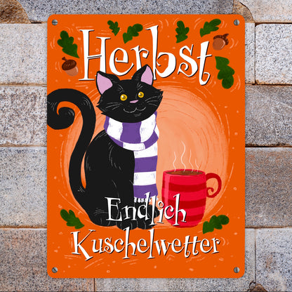 Herbst - Endlich Kuschelwetter Metallschild XL in 21x28 cm mit schwarzer Katze