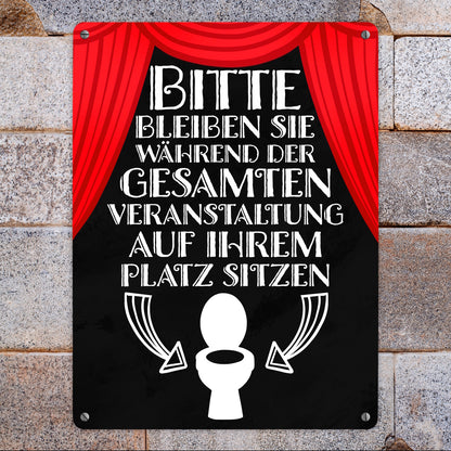 Bitte sitzen bleiben Toiletten Metallschild XL in 21x28 cm mit rotem Vorhang