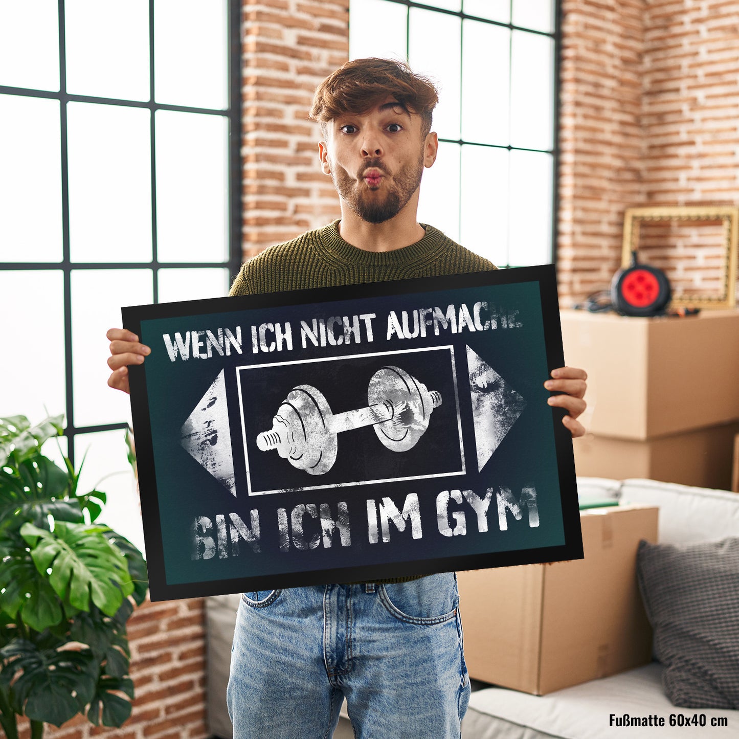 Wenn ich nicht aufmache bin ich im Gym Fußmatte XL in 40x60 cm mit Hantel