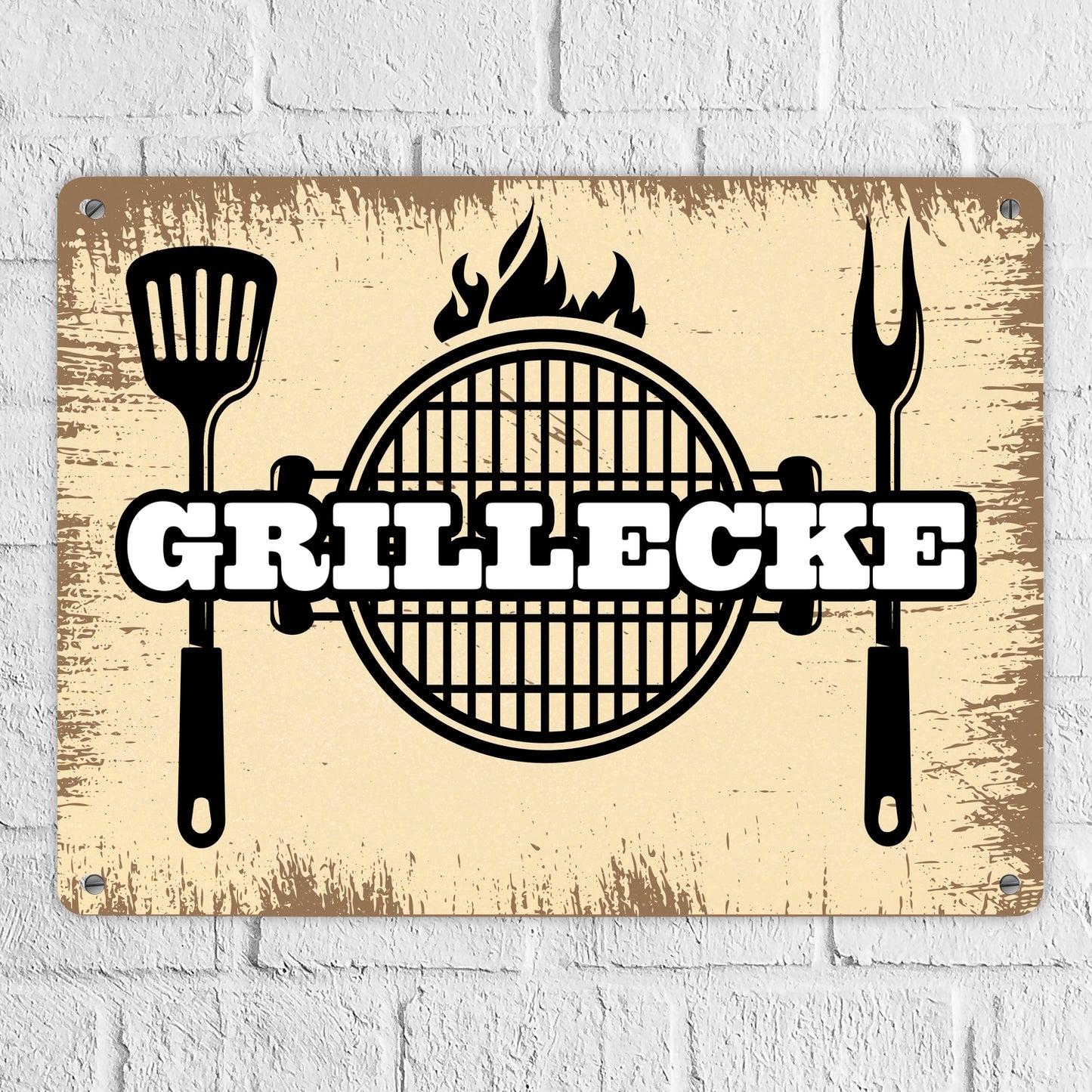 Grillecke Metallschild XL mit coolem Grillmotiv auf beigem Hintergrund