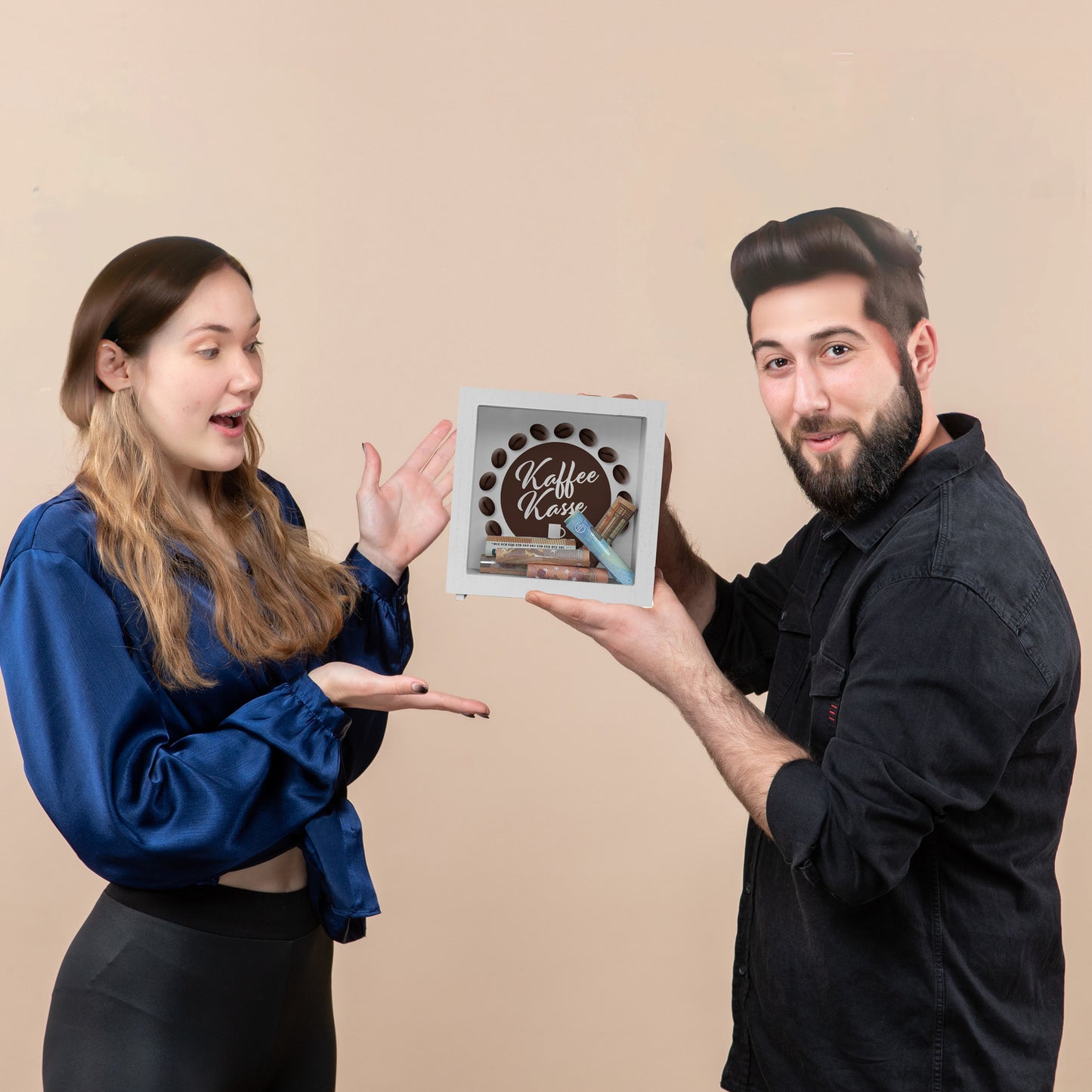 Kaffeekasse Rahmen Spardose aus Holz zum Thema Trinkgeld als Geschenk für Frisöre