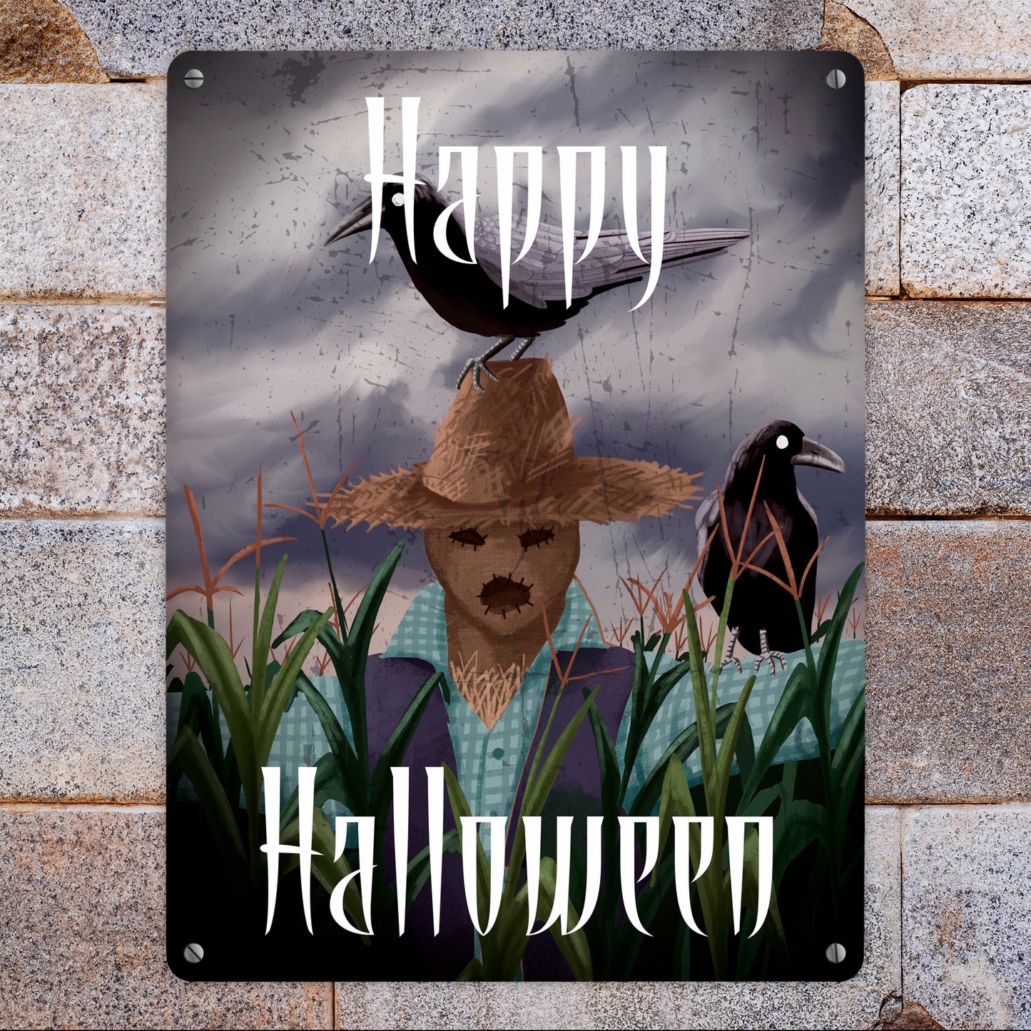 Metallschild XL in 21x28 cm mit gruseliger Vogelscheuche und Schriftzug - Happy Halloween