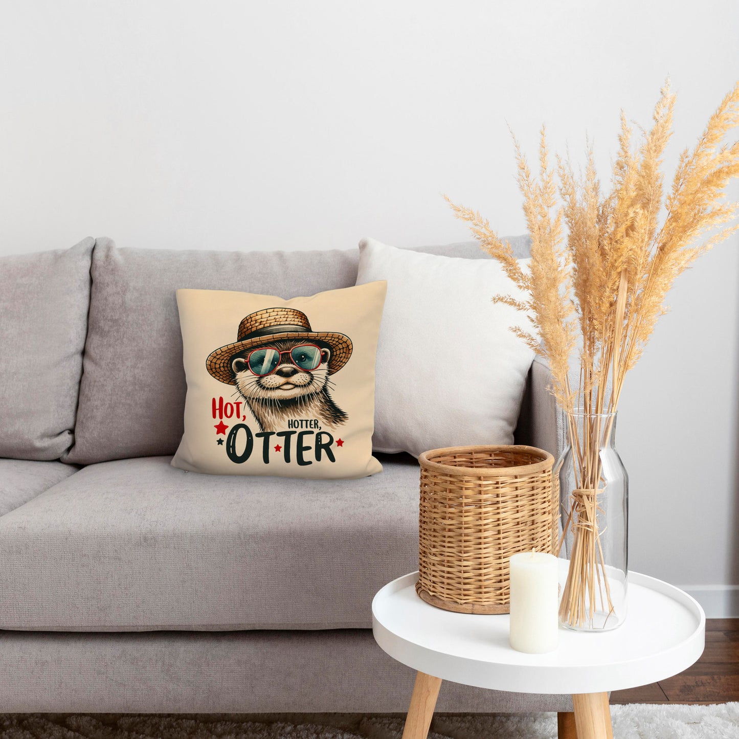 Otter mit Sonnenbrille und Strohhut Kissen mit Leinenoptik mit Spruch Hot Hotter Otter