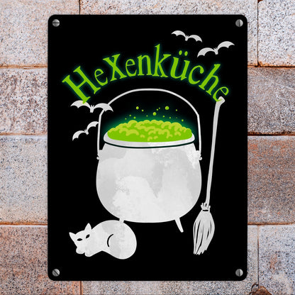 Hexenküche Metallschild in 15x20 cm mit Hexenkessel für Halloween