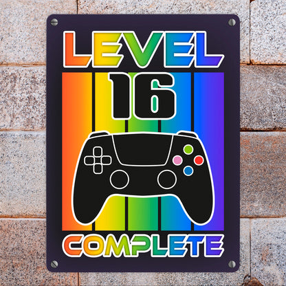 16. Geburtstag Gamer Metallschild in 15x20 cm mit Spruch Level 16 complete