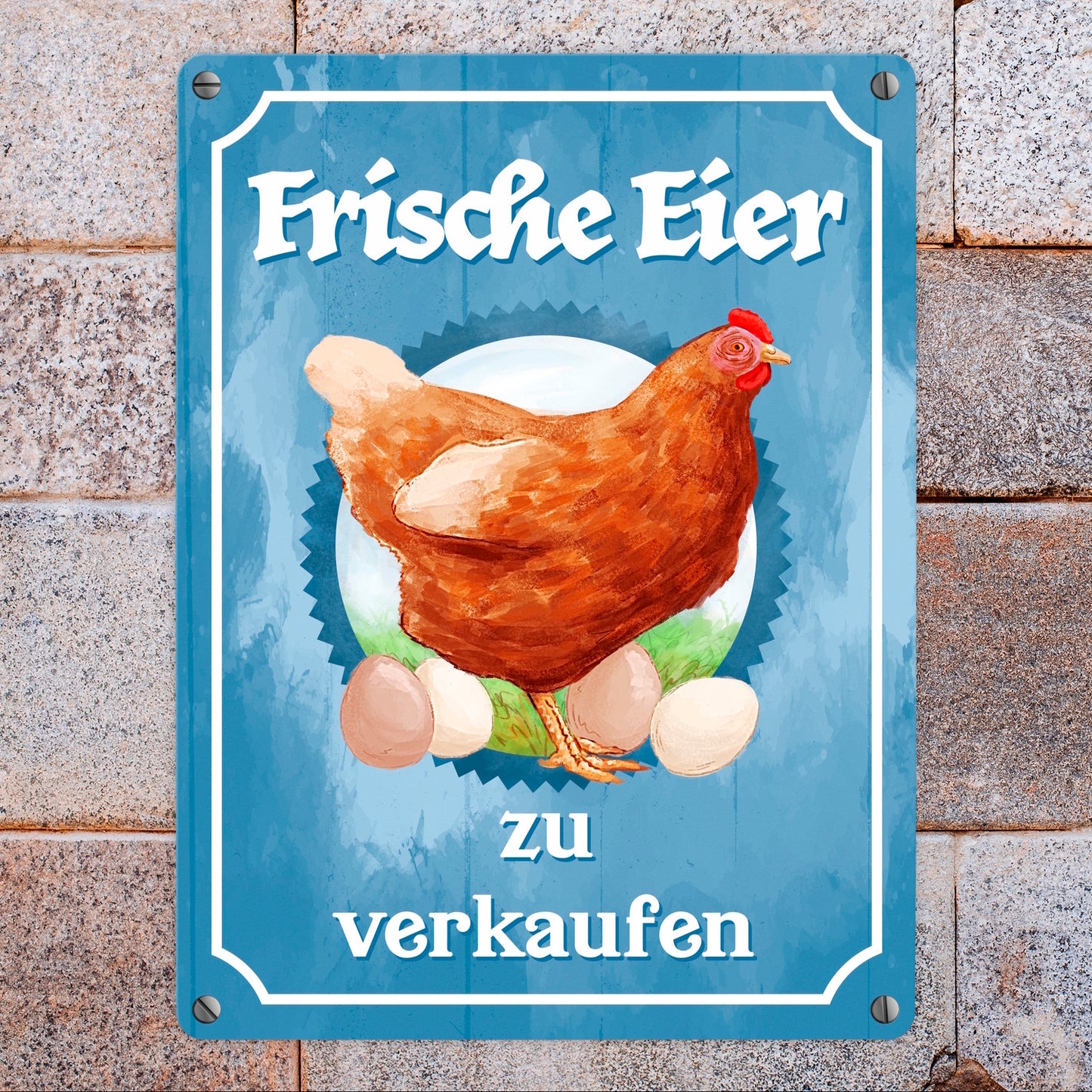 Frische Eier zu verkaufen Metallschild in 15x20 cm mit Huhn Motiv