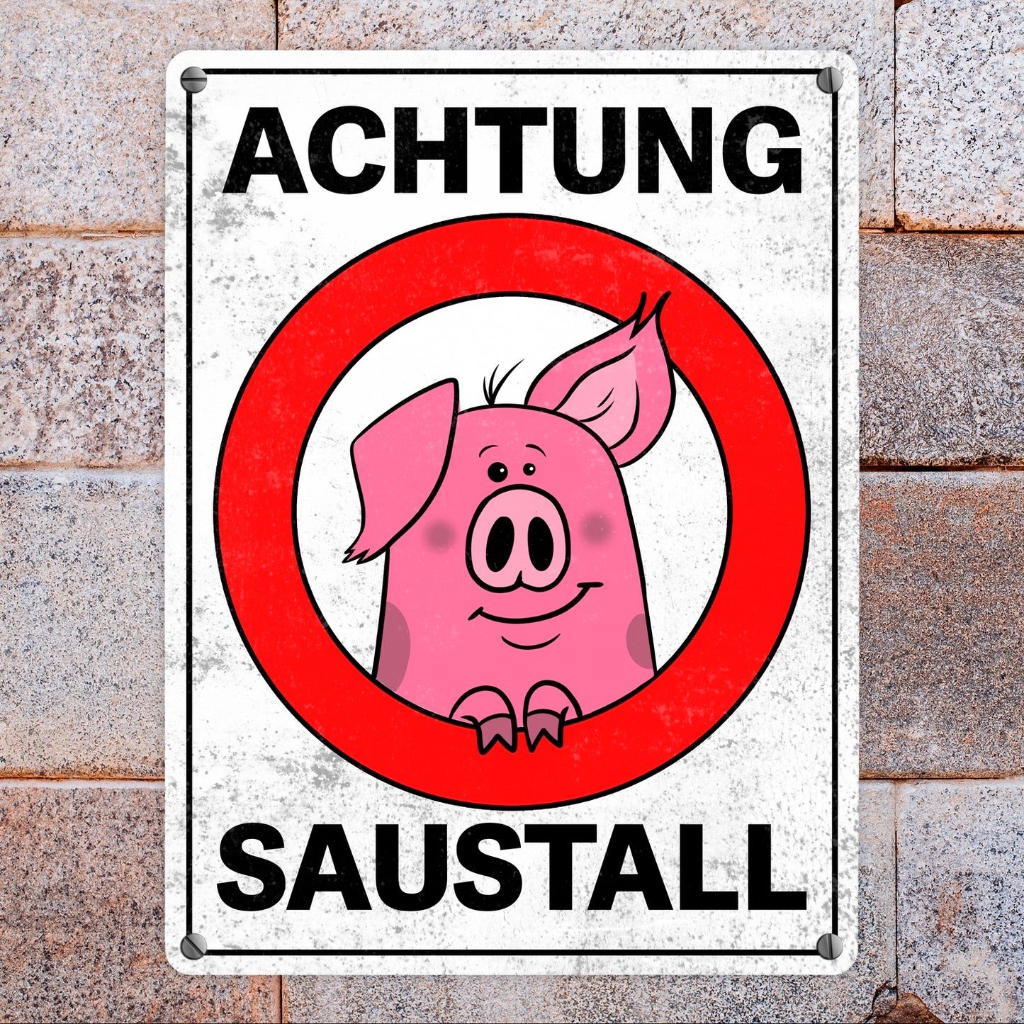 Achtung Saustall Metallschild mit Comic-Schwein