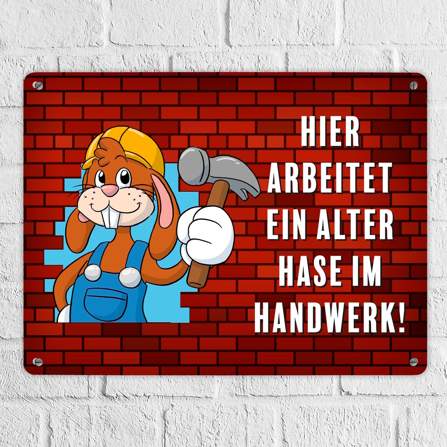 Alter Hase im Handwerk Bauarbeiter Metallschild XL in 21x28 cm mit Spruch