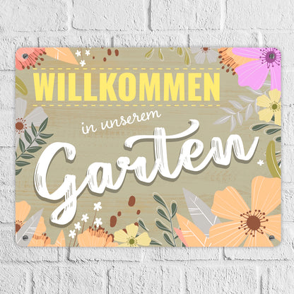 Willkommen in unserem Garten Metallschild XL mit Blumenmustern