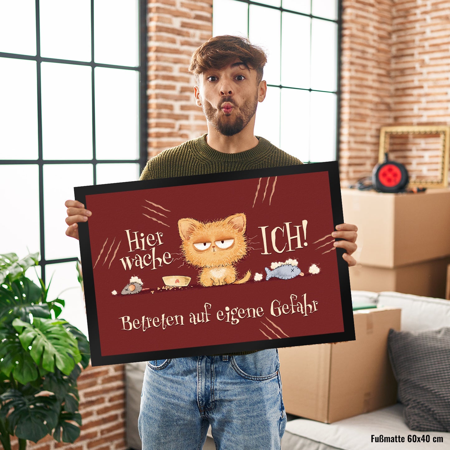 Katze Fußmatte XL in 40x60 cm mit Spruch Hier wache ich Eigene Gefahr