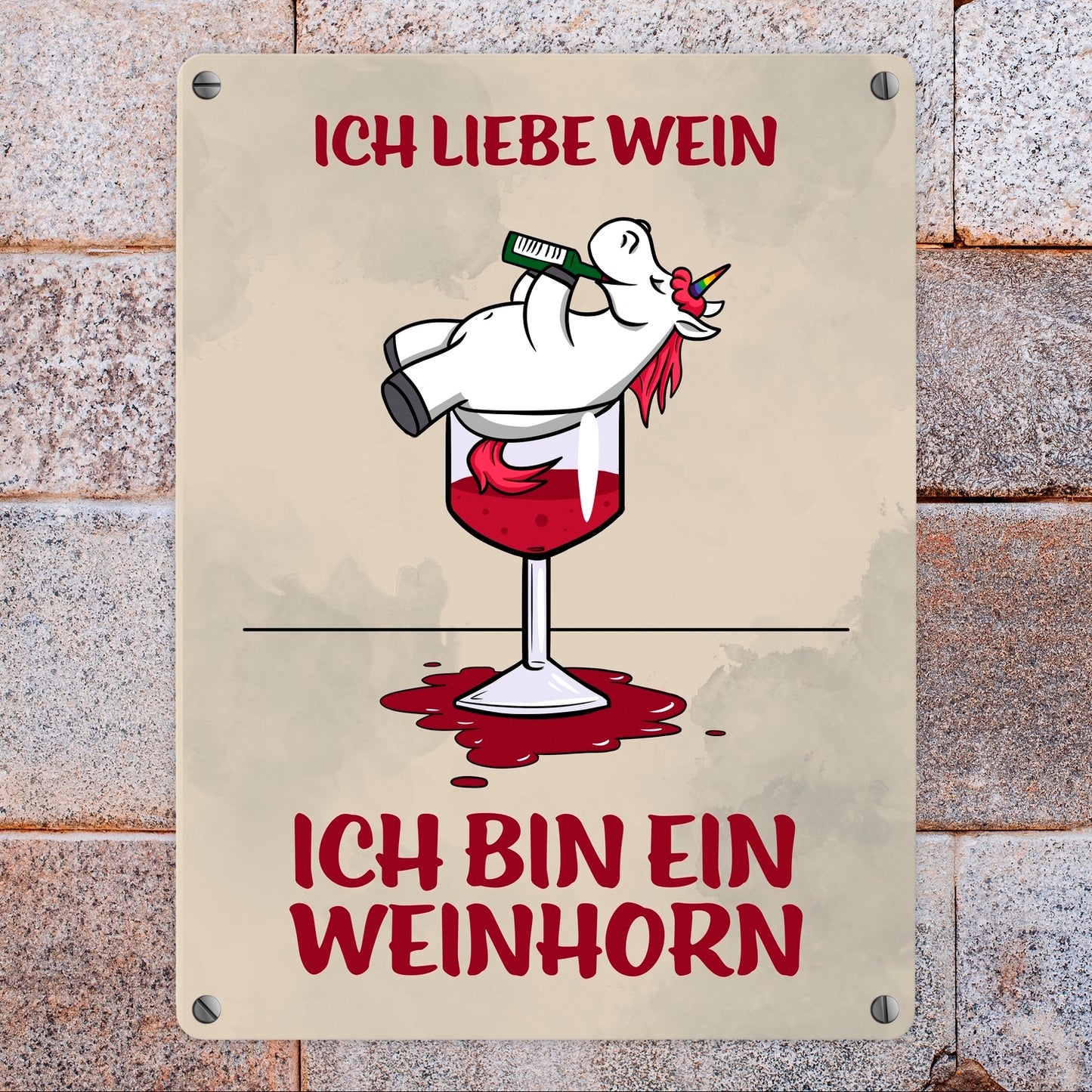 Metallschild in 15x20 cm mit Motiv und Spruch - Ich liebe Wein ich bin ein Weinhorn