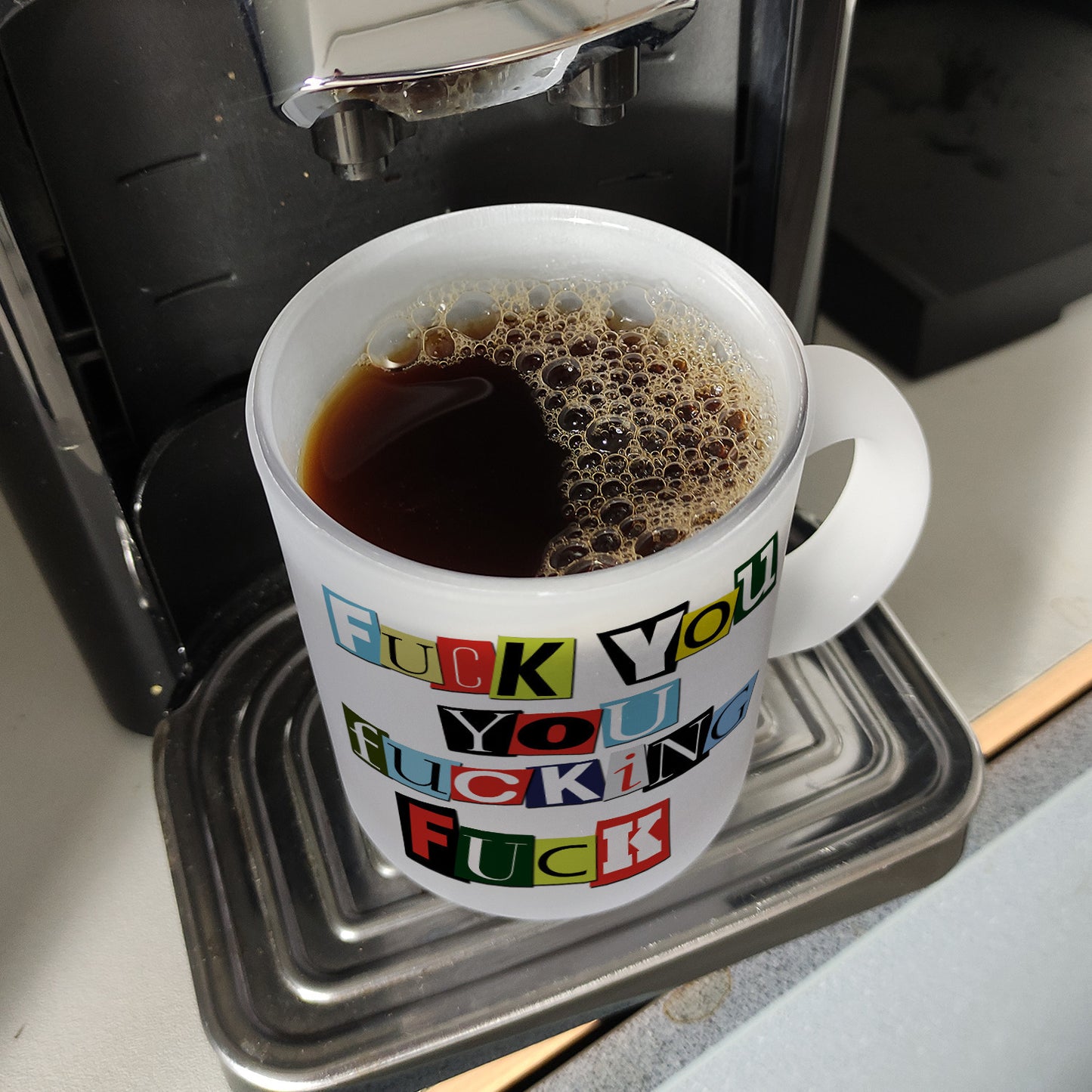 Glas Tasse mit Fuck you you fucking fuck Motiv