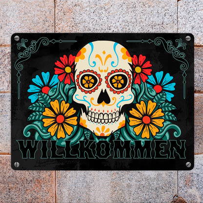 Willkommen Metallschild in 15x20 cm mit Totenkopf und Blumenmotiv