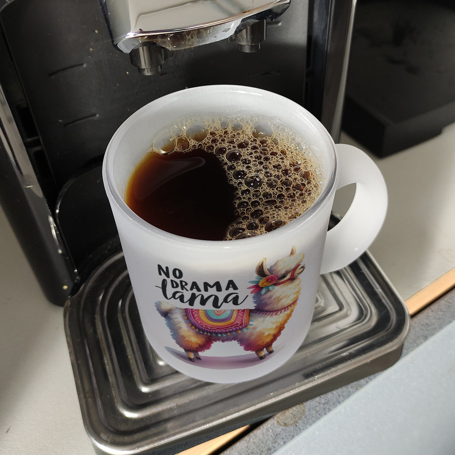 Alpaka mit bunter Satteldecke Glas Tasse mit Spruch No Drama Lama