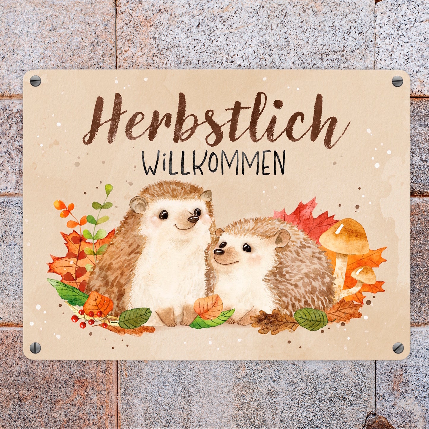 Igel Paar Metallschild in 15x20 cm mit Spruch Herbstlich Willkommen