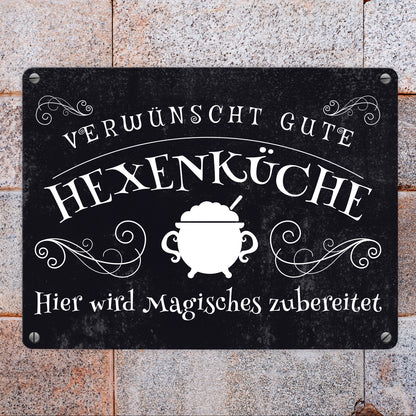 Verwünscht gute Hexenküche Halloween Metallschild in 15x20 cm mit lustigem Spruch