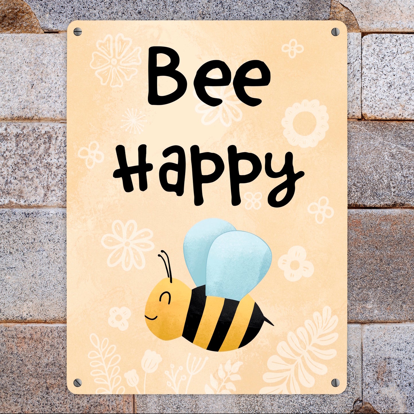 Bee Happy lustiges Metallschild XL in 21x28 cm mit glücklicher Biene