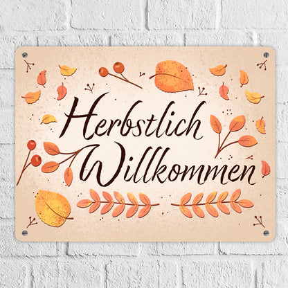 Herbstlich Willkommen Metallschild XL in 21x28 cm mit bunten Blättern