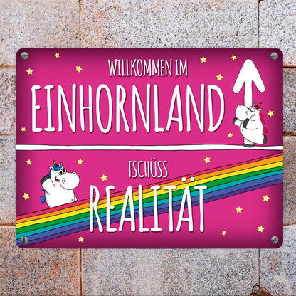 Honeycorns Metallschild mit Einhorn Stadtschild Motiv und Spruch: Willkommen im Einhornland