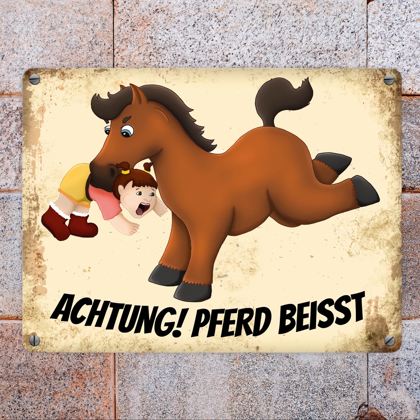 Metallschild mit Pferde Motiv und Spruch: Achtung! Pferd beisst