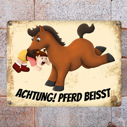 Metallschild mit Pferde Motiv und Spruch: Achtung! Pferd beisst