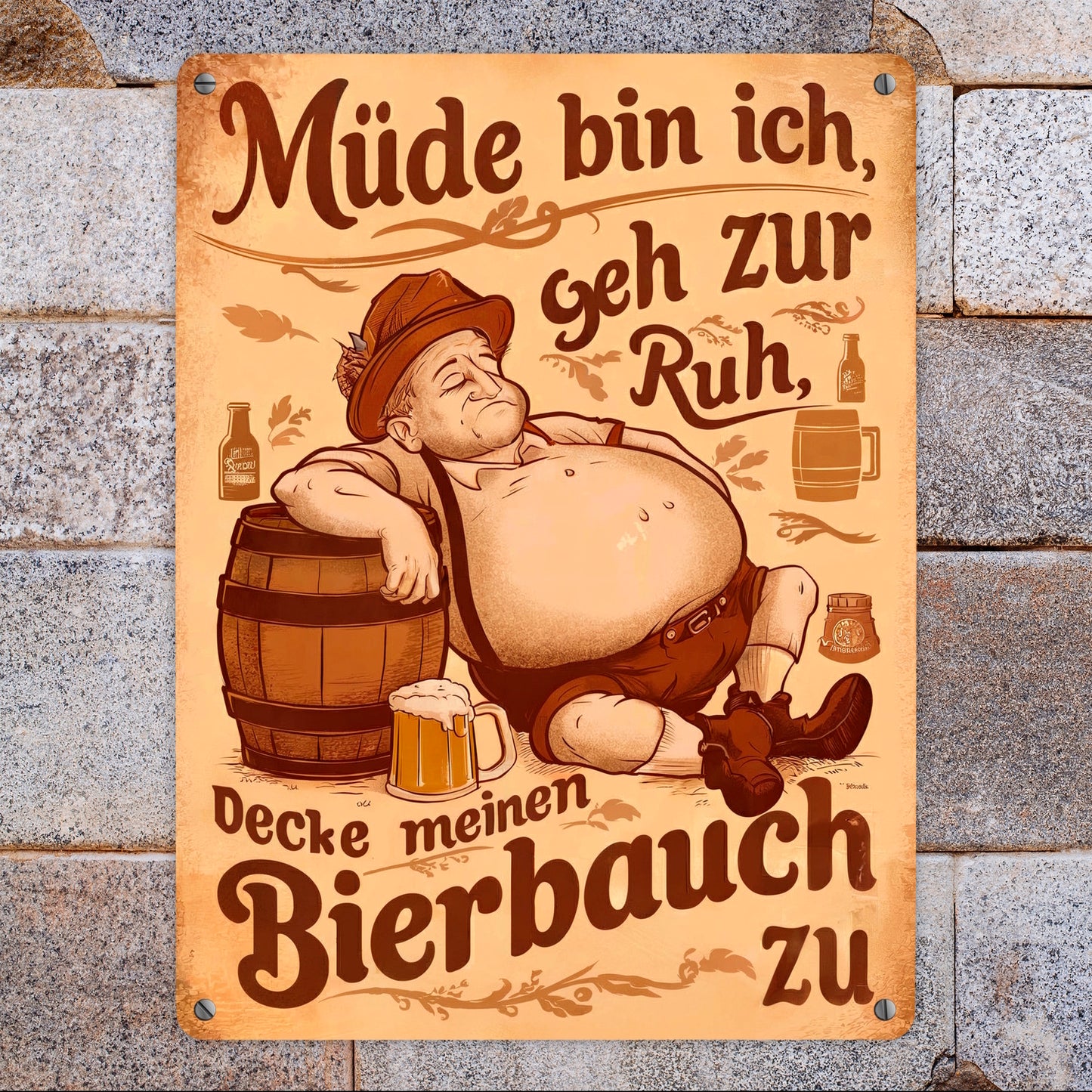 Mann mit Bierbauch Metallschild XL in 21x28 cm mit Spruch Müde bin ich geh zur Ruh