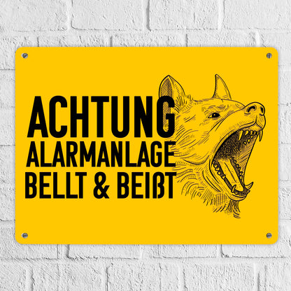 Achtung Alarmanlage bellt und beißt Metallschild XL in 21x28 cm mit Hunde Motiv