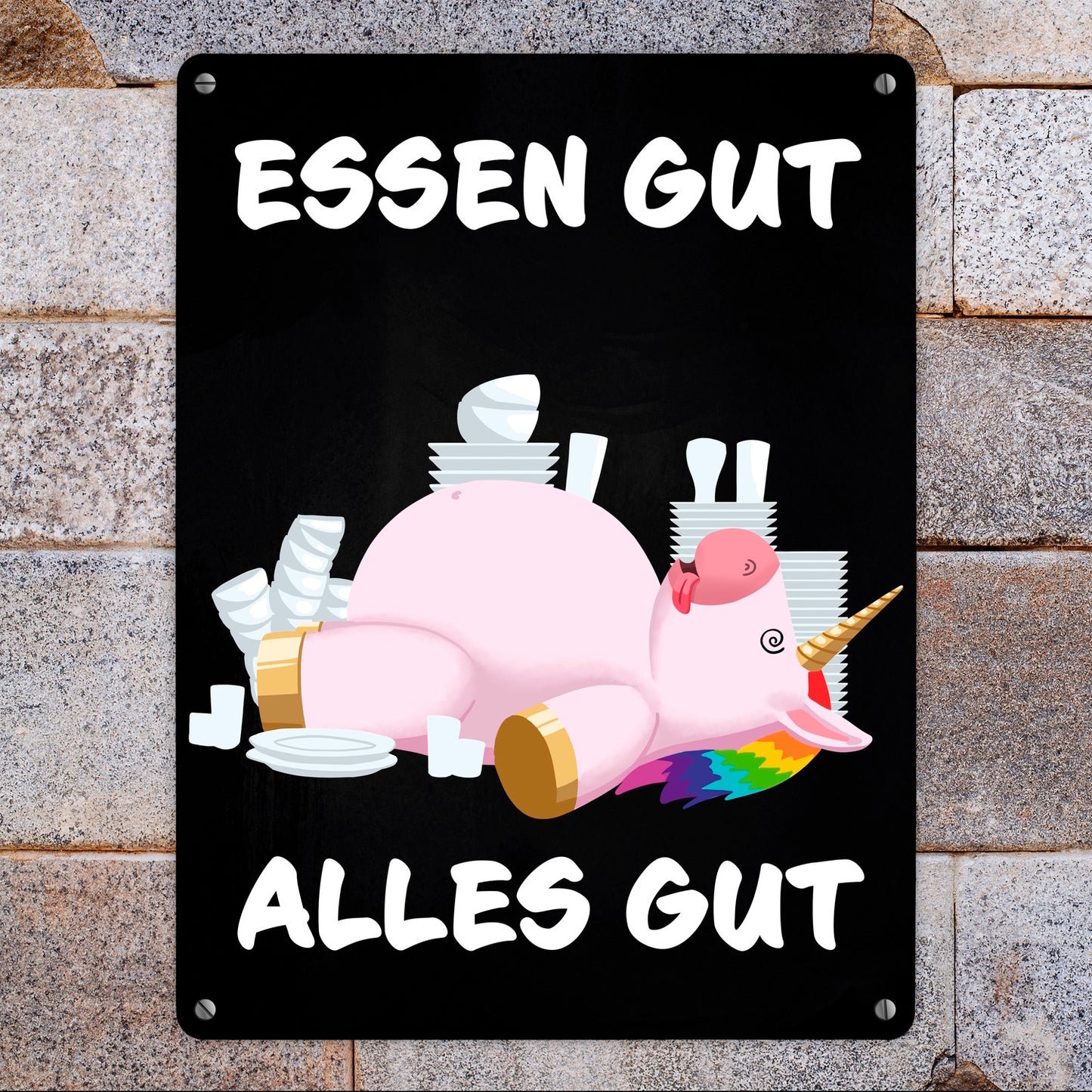 Essen gut alles gut witziges Metallschild XL in 21x28 cm mit dickem Einhorn