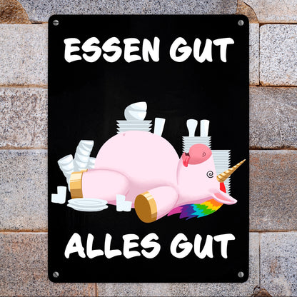 Essen gut alles gut witziges Metallschild XL in 21x28 cm mit dickem Einhorn