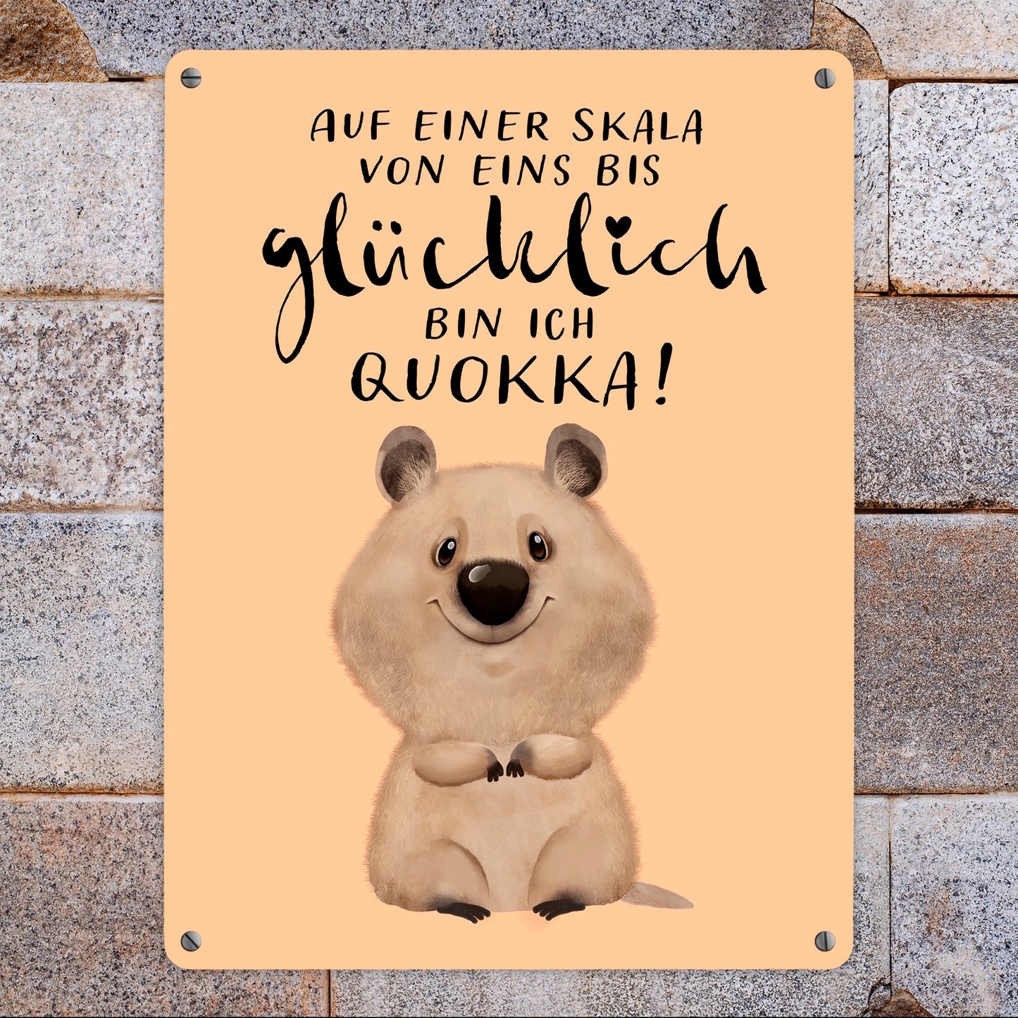 Quokka Metallschild XL in 21x28 cm mit Spruch Von eins bis glücklich