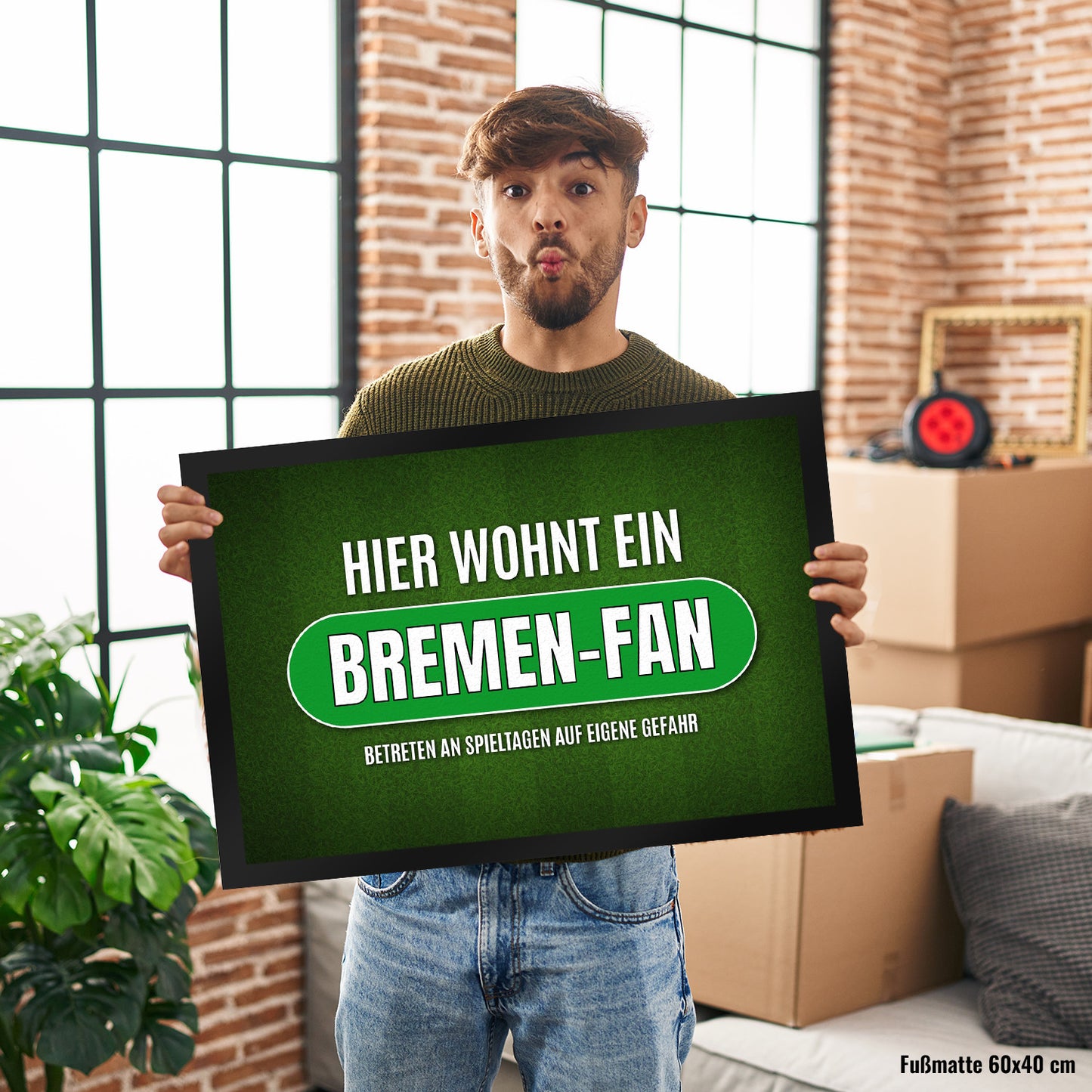 Hier wohnt ein Bremen-Fan Fußmatte XL mit Rasen Motiv