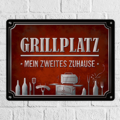 Metallschild XL mit Grill Motiv und Spruch: Grillplatz - mein zweites Zuhause