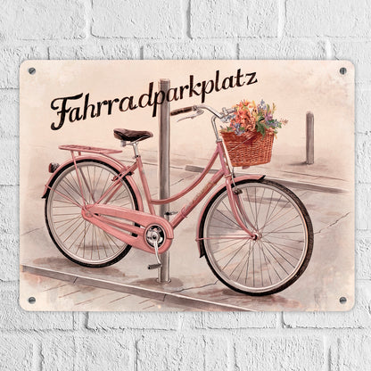 Fahrradparkplatz Metallschild XL in 21x28 cm mit rosa Drahtesel und Blumenkorb