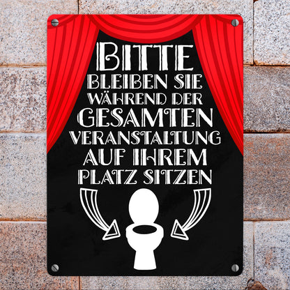 Bitte sitzen bleiben Toiletten Metallschild in 15x20 cm mit rotem Vorhang