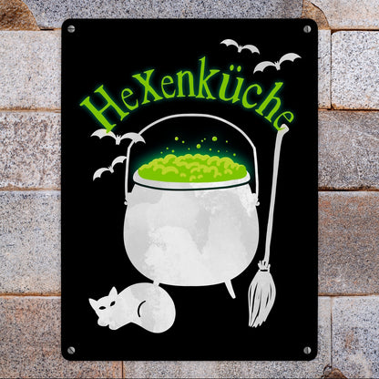 Hexenküche Metallschild XL in 21x28 cm mit Hexenkessel für Halloween