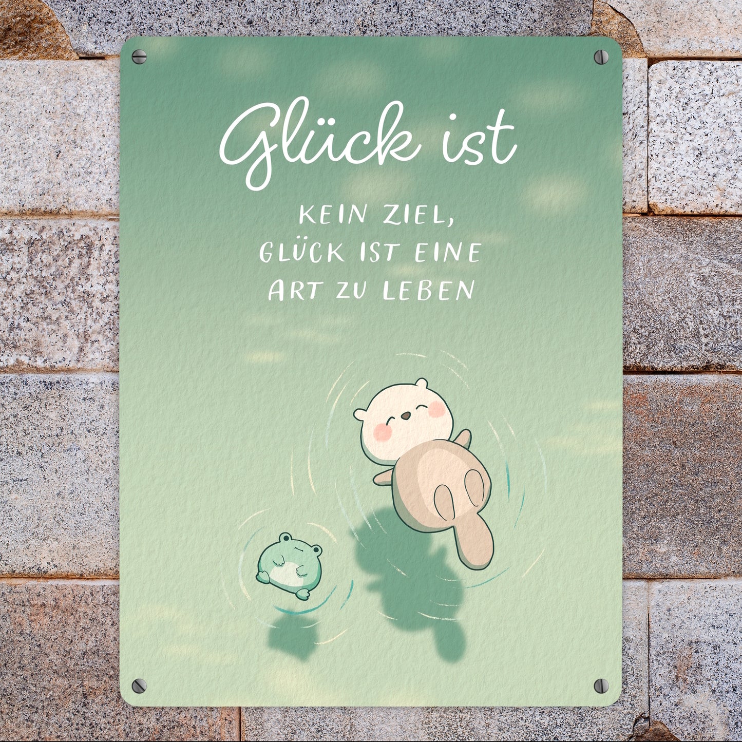 Otter und Frosch Metallschild XL in 21x28 cm mit Spruch Glück ist eine Lebensart