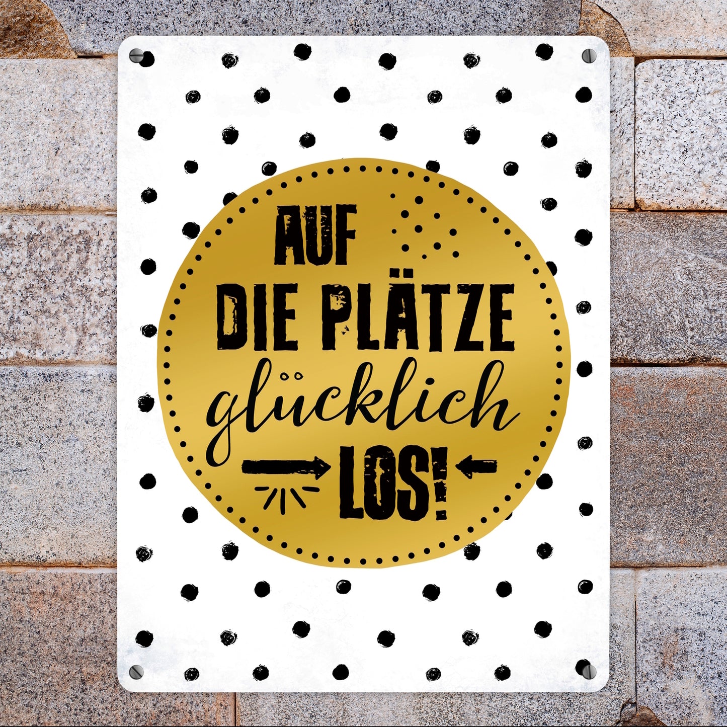 Metallschild XL mit Glück Motiv und Spruch: Auf die Plätze, glücklich, los!