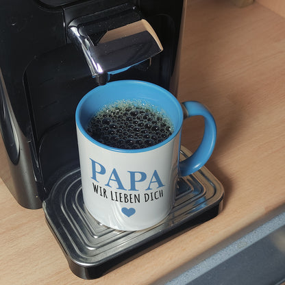 Papa wir lieben dich Kaffeebecher in hellblau in blau mit Herz