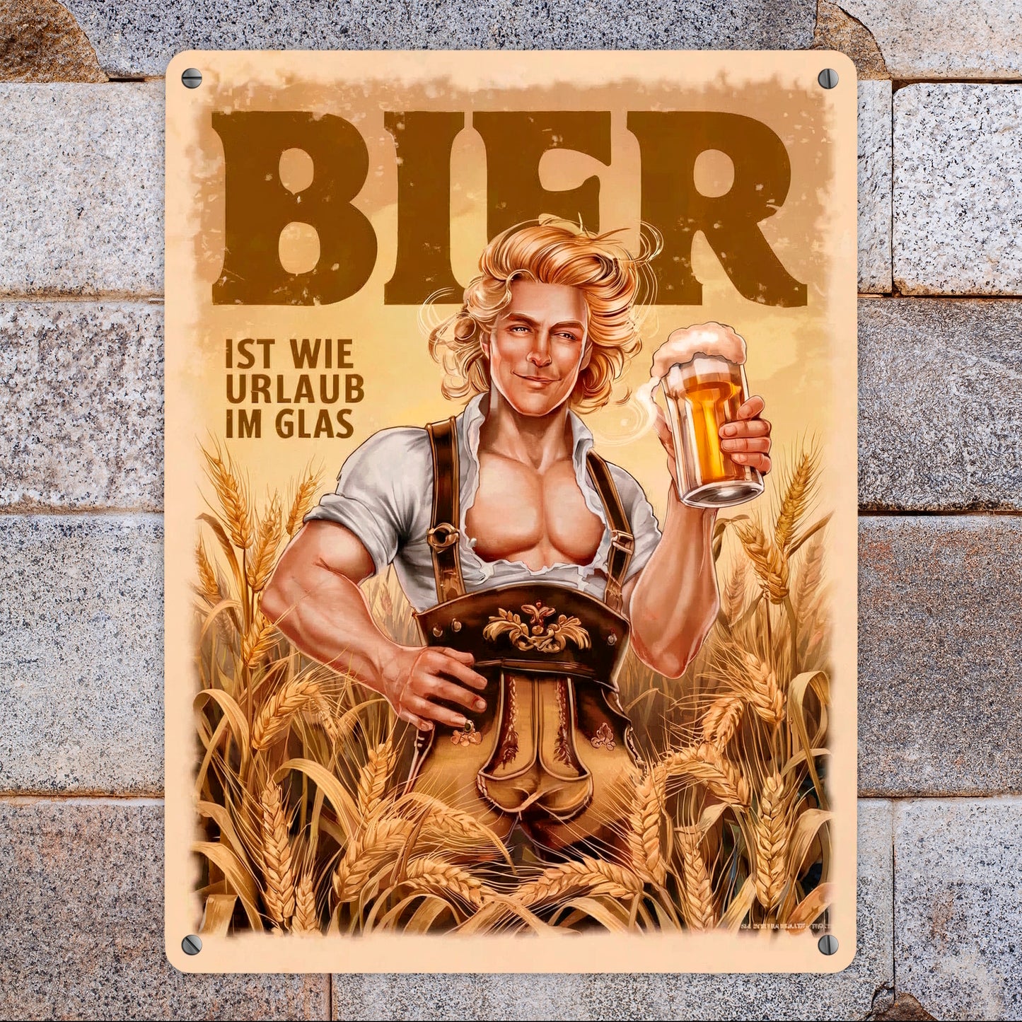 Blonder Mann mit Bier - Urlaub im Glas Metallschild XL in 21x28 cm