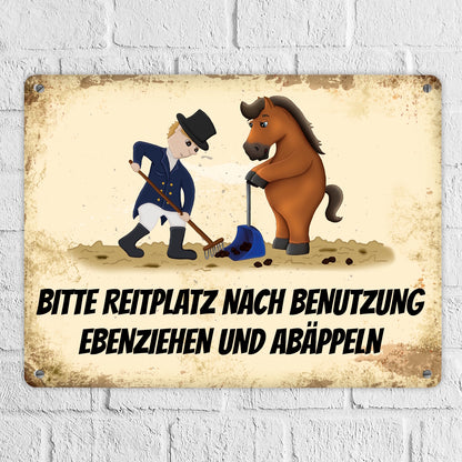 Metallschild XL mit Pferd und Reiter Motiv und Spruch: Bitte Reitplatz nach Benutzung ...