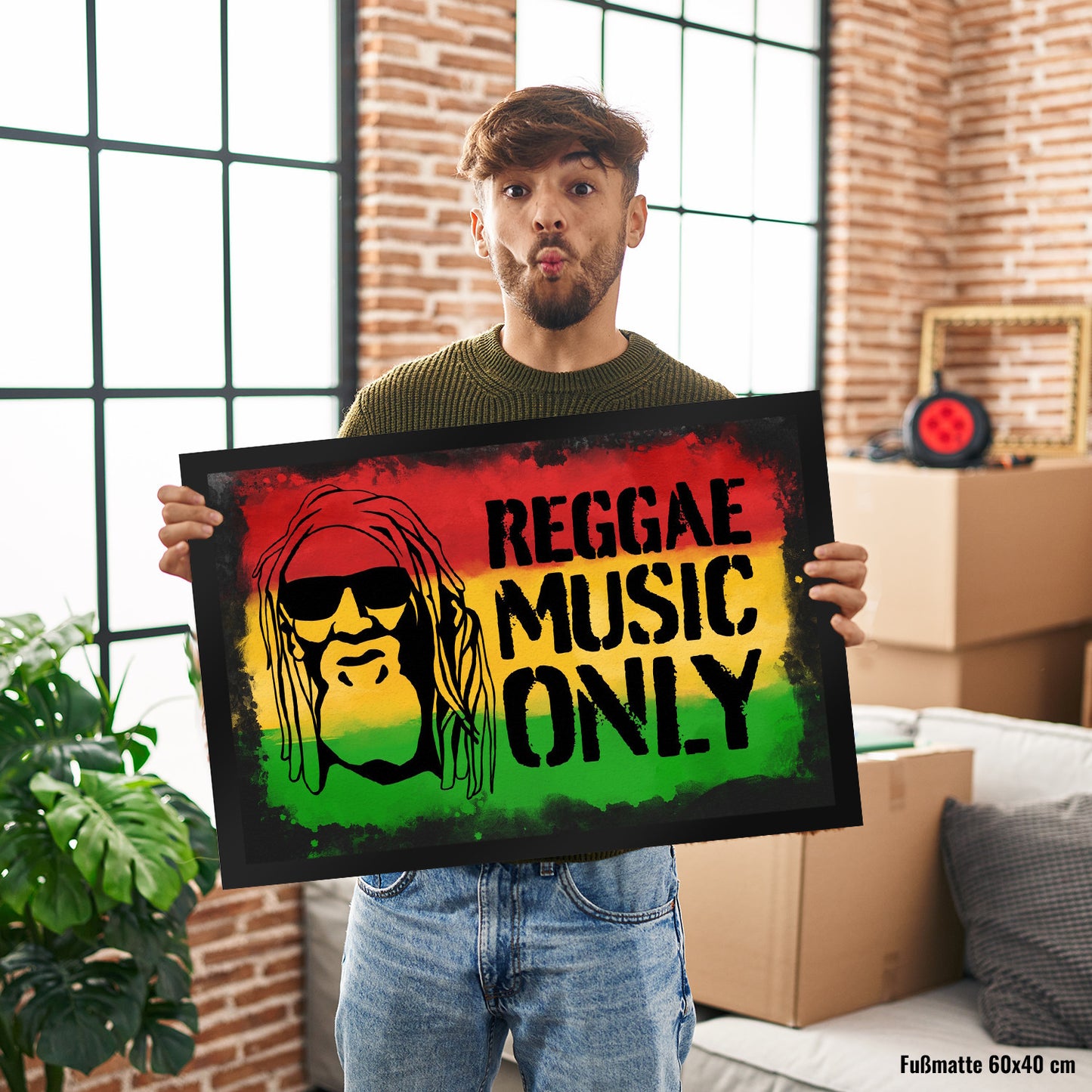 Reggae Music Only Fußmatte XL in 40x60 cm für Reggae Fans mit Rastafari Gesicht