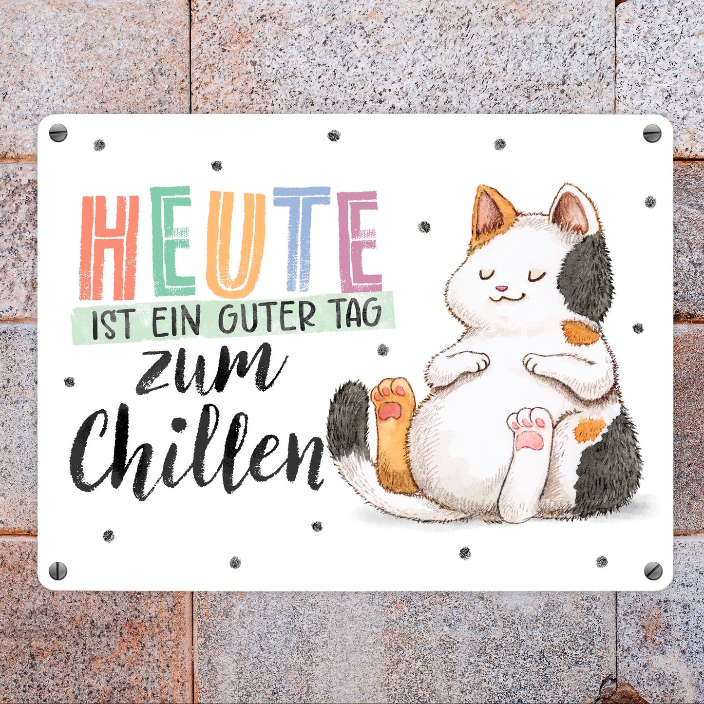 Glückskatze Metallschild in 15x20 cm mit Spruch Heute ist ein guter Tag zum Chillen