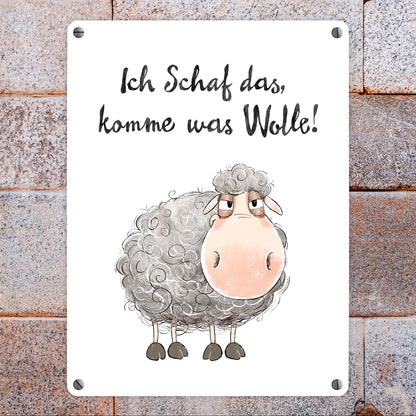 Schaf Metallschild in 15x20 cm mit Spruch Ich Schaf das komme was Wolle