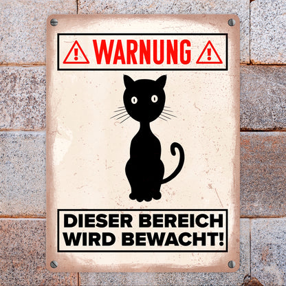 Warnung Bereich wird bewacht Metallschild in 15x20 cm mit Katzen Silhouette